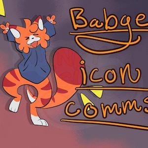 May include: A cartoon illustration of a cat-like creature with orange and red stripes, wearing a blue hoodie. The image includes the text "Badge icon comms" in orange script. The background transitions from red to purple.