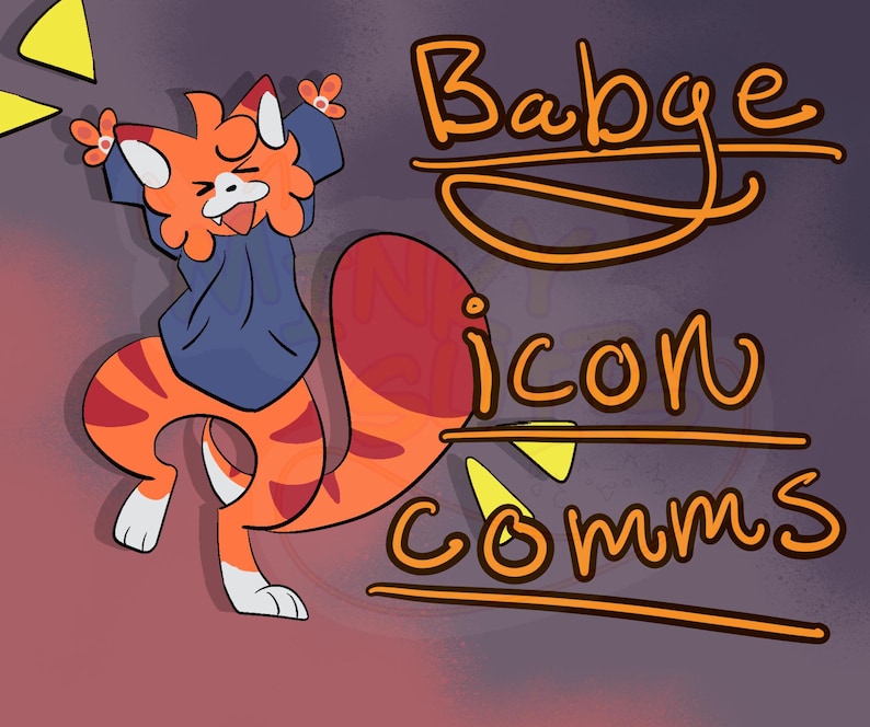 May include: A cartoon illustration of a cat-like creature with orange and red stripes, wearing a blue hoodie. The image includes the text "Badge icon comms" in orange script. The background transitions from red to purple.