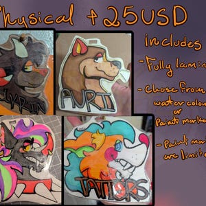 May include: Four laminated, colorful character portraits with the names "SOLYKRIN", "AURI", and "TATTERS". The text "Physical + 25USD includes - Fully laminated - Chose from water color or Paint markers - Paint markers are limited" is also visible.