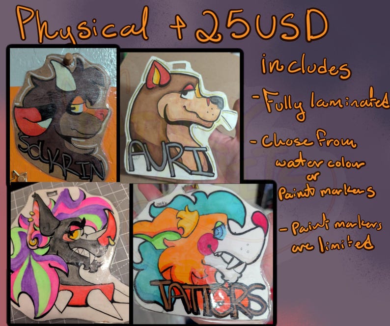 May include: Four laminated, colorful character portraits with the names "SOLYKRIN", "AURI", and "TATTERS". The text "Physical + 25USD includes - Fully laminated - Chose from water color or Paint markers - Paint markers are limited" is also visible.