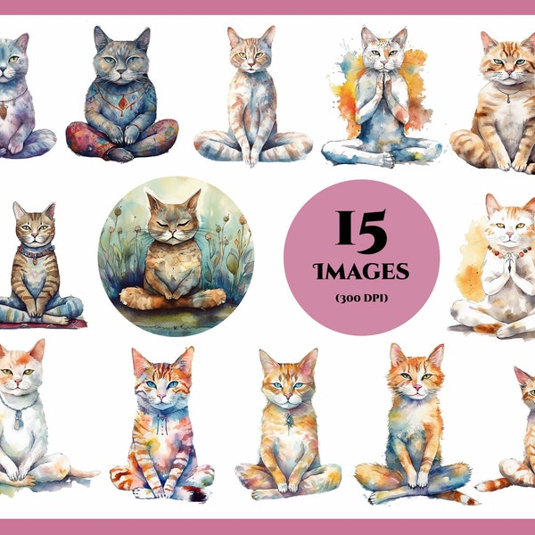 Whimsical Zen Cats: Watercolor Yoga & Meditation Clip Art Collection for Mindful Feline Enthusiasts - 15 downloadable files