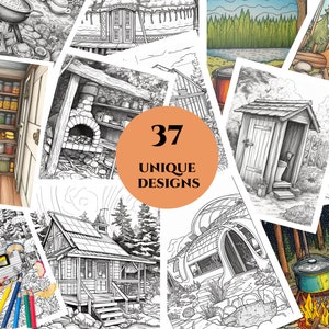 May include: A collection of 37 unique coloring pages featuring various cabin and outdoor scenes. The pages include images of a cabin with a wood-burning stove, a outhouse, a campfire, and a tent.