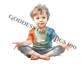 Meditación pacífica - Acuarela Clip Art de niño meditando, Yoga para niños, Ilustración de atención plena, Descarga digital