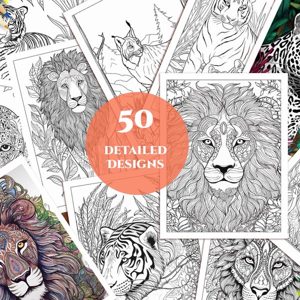 Big Cats Mandala Coloring Book - 50 Printable Designs for Instant Download