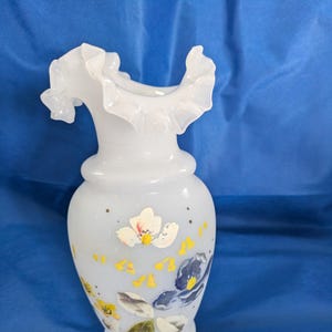 Antique hand painted white satin glass vase
