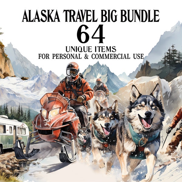 Alaska Travel Clipart Bundle - 64 PNG di viaggio ad acquerello - Disegni e illustrazioni digitali - Stampa artistica - Disegni e grafica del mondo