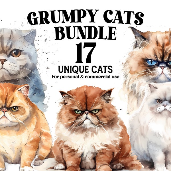 Grumpy Cat Clipart Bundle - 17 Grump Cats as Watercolor PNGs - Digital Download for Nursery Decor, Tumbler Wraps, Pet Events, DIY Projects