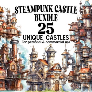 25 Steampunk Castle Clipart Bundle - Steampunk Kingdom Watercolor PNGs - Clip Art for Home Decor, Scrapbooks or Invitations - Commercial Use