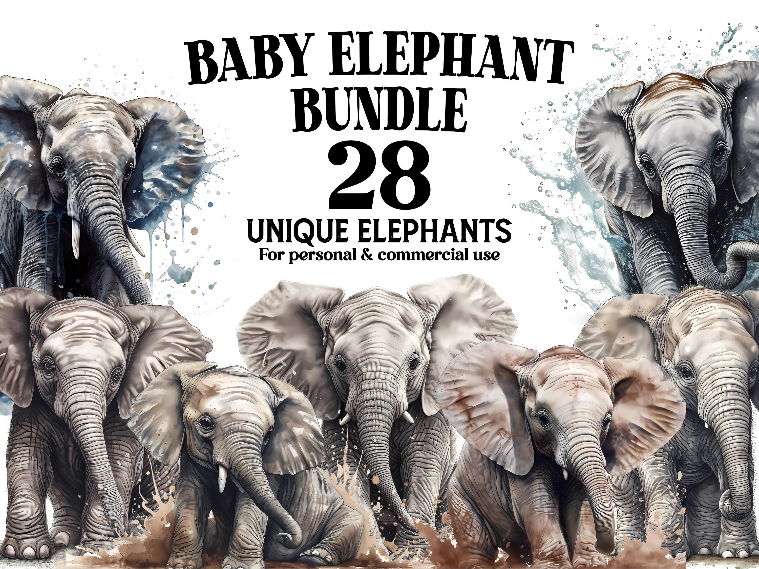 Baby Elephant Animal Clipart Big Bundle 28 Elephant Watercolor Pngs ...