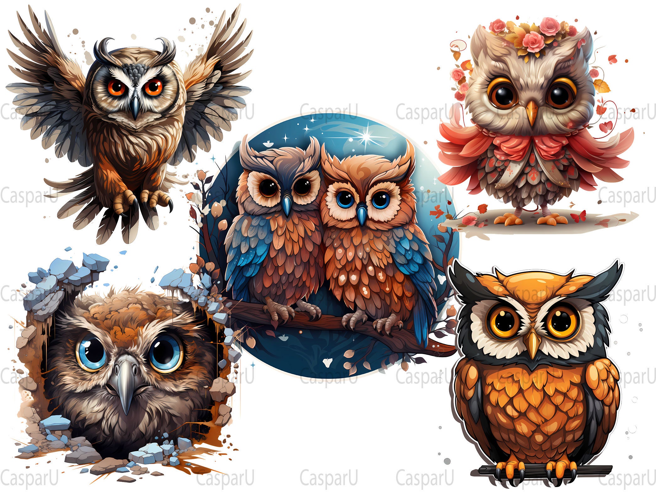 Cute Owls Clipart Big Bundle 55 Owls Watercolor Pngs Digital Download ...