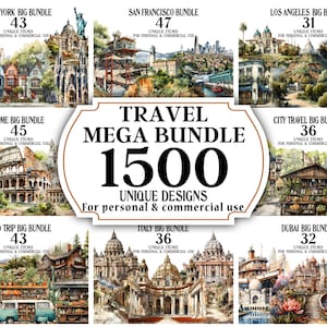 MEGA Travel Clipart Bundle -1500 aquarel PNGs - digitale tekeningen & illustraties - Journey Art Prints - wereldontwerpen en afbeeldingen