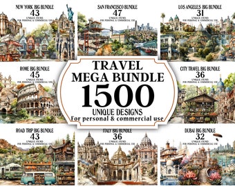 Pakiet MEGA Travel clipart-1500 akwareli PNG-cyfrowe rysunki i ilustracje-wydruki artystyczne podróży-światowe projekty i grafika