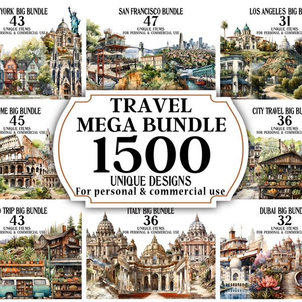 MEGA Travel Clipart Bundle -1500 Watercolor PNGs - Digital Drawings & Illustrations - Journey Art Prints - World Designs and Graphics