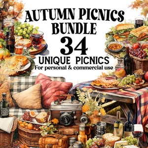 Fall Picnics Clipart Big Bundle - 34 Watercolor Autumn Picnics PNGs - Digital Download for Home Decor, Scrapbooks or Invitations