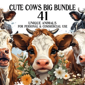 Cute Cow Clipart Big Bundle - 41 Cows Watercolor PNGs - Digital Download for Decor, Baby Shower Invitations for Animal Lovers