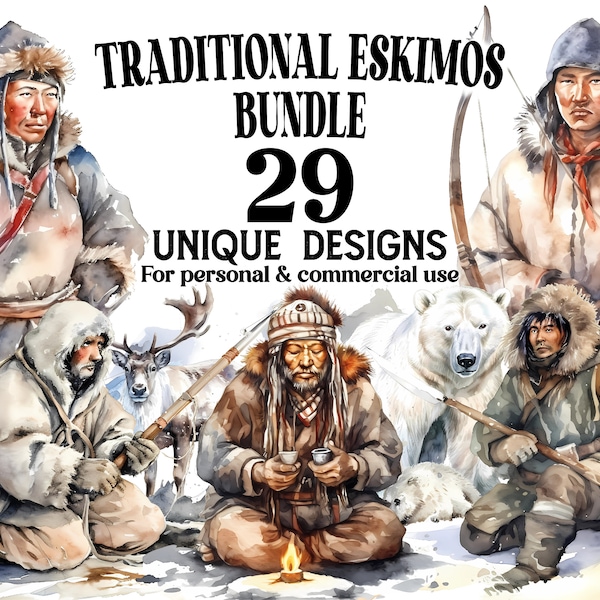 Eskimo Clipart Bundle - 29 Aquarell Eskimo PNGs - Digitaler Download für Artic Decor, Babypartyeinladungen, DYI-Projekt - Kommerzielle Nutzung