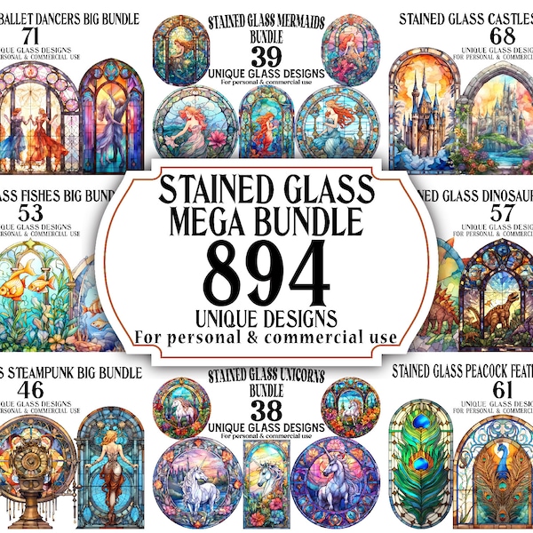 MEGA Stained Glass Bundle - 894 Stained Glass Windows as transparent PNGs - Perfect for Decor, Scrapbook, DYI project and Invitations