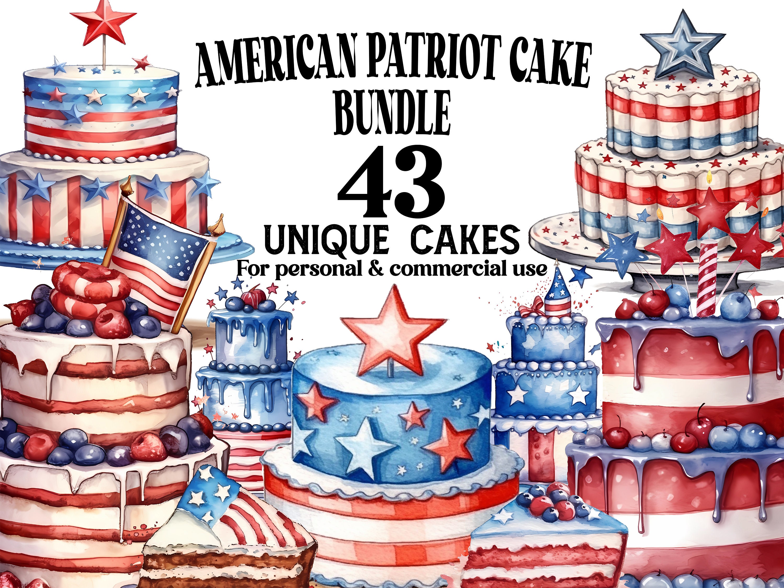American Cake Clipart Bundle - 43 Patriot Birthday Celebration Cake PNG ...