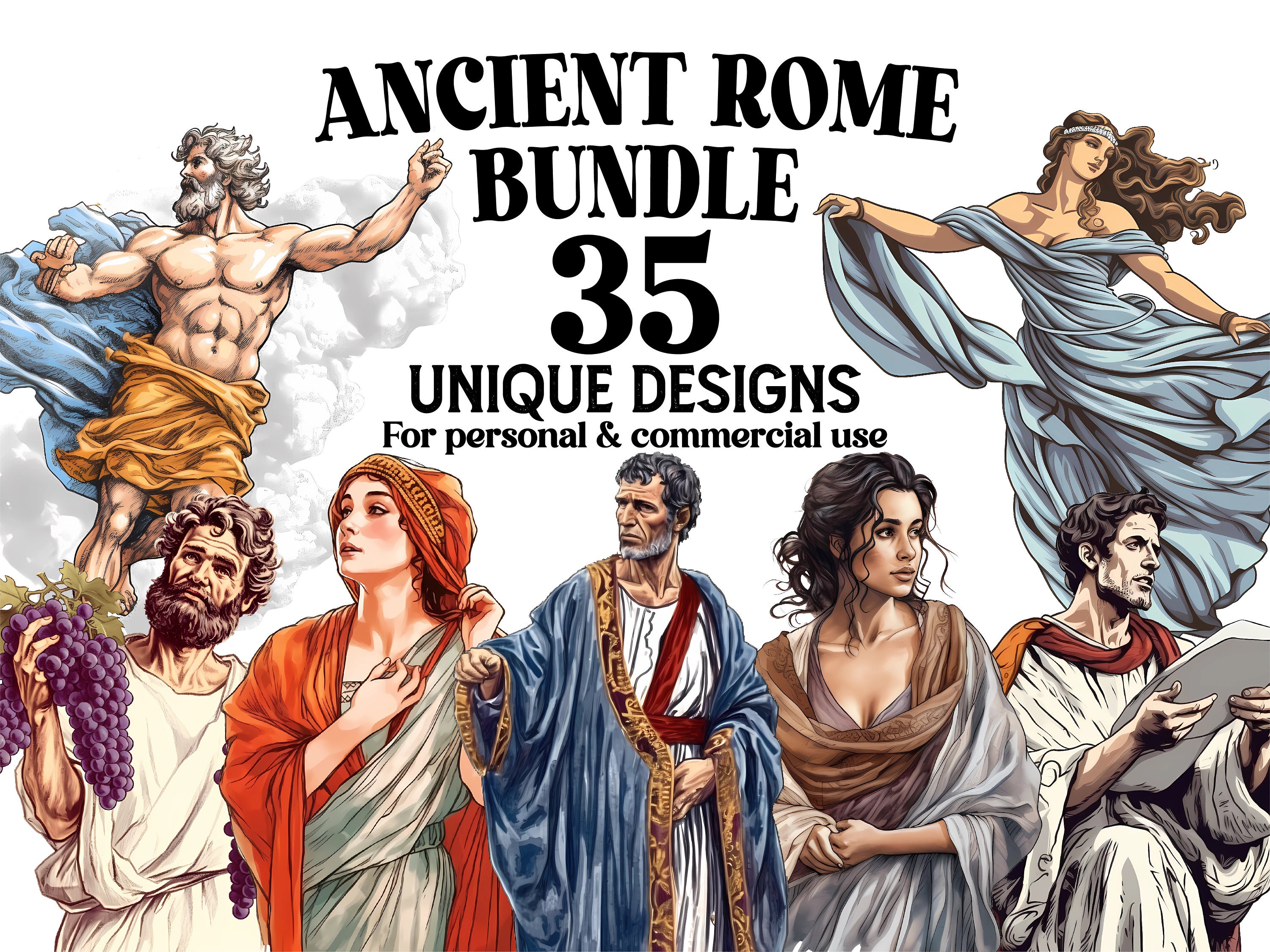 Ancient Rome Clipart Bundle - 35 Watercolor Ancient Rome PNGs - Digital Download for Romans Decor, Baby Shower Invitations, DYI Project