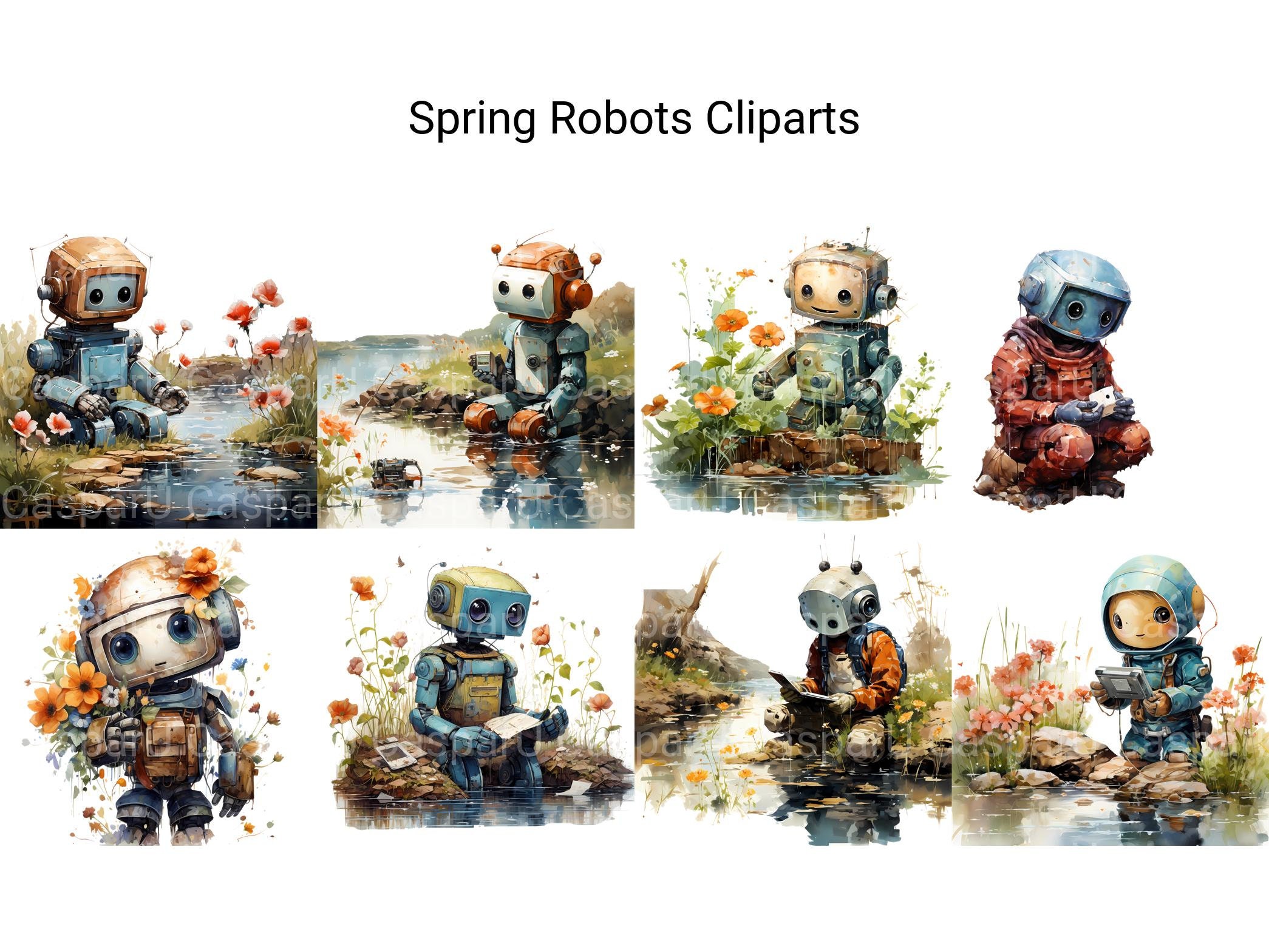 Spring Robot Craft Spring Robots Clipart Bundle - 43 Watercolor Pngs - Digital Drawings ...