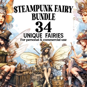 34 Steampunk Fairies Clipart Bundle - Steampunk Fairy Watercolor PNGs - Clip Art for Home Decor, Scrapbooks or Invitations - Commercial Use