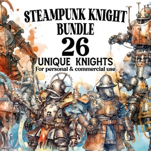 26 Steampunk Knight Clipart Bundle - Steampunk Medieval Watercolor PNG - Clip Art for Home Decor, Scrapbooks or Invitations - Commercial Use