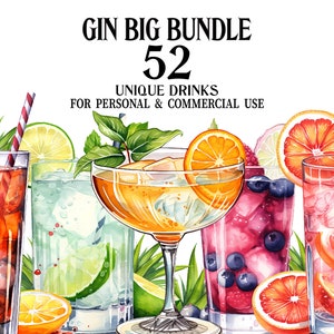 Gin Clipart Big Bundle - 52 Gin Drinks as PNGs - Clip Art Collection for Decor, Scrapbooking, Invitation, Birthday - Commercial Use