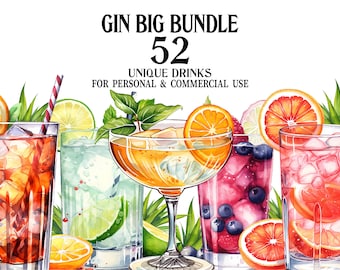 Gin Clipart Big Bundle - 52 Gin Drinks as PNGs - Clip Art Collection for Decor, Scrapbooking, Invitation, Birthday - Commercial Use