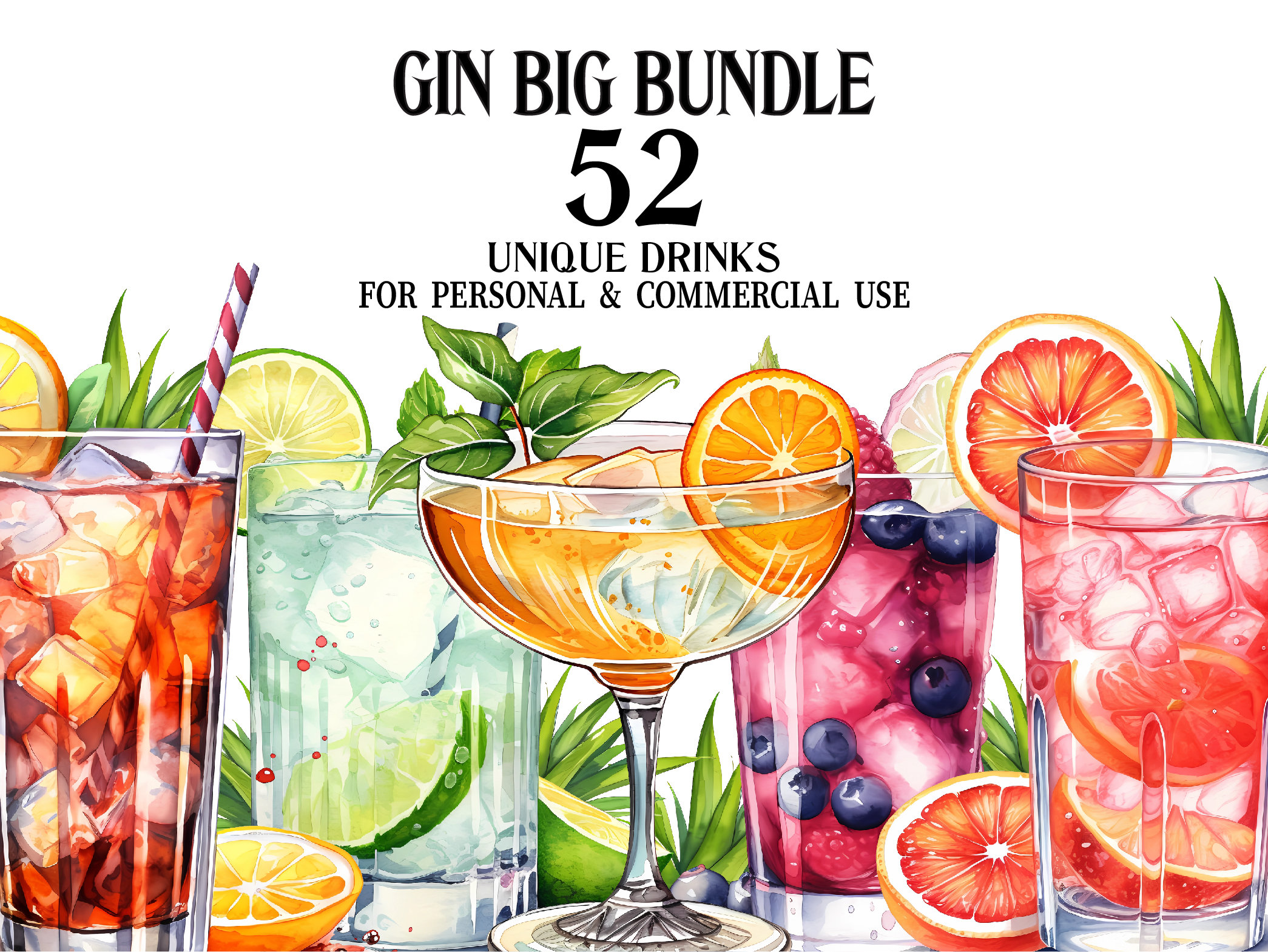 Gin Clipart Big Bundle – 52 Gin-Getränke als PNGs – Clip-Art-Sammlung für Dekoration, Scrapbooking, Einladung, Geburtstag – kommerzielle Nutzung