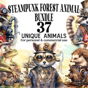 37 Steampunk Forest Animal Clipart Bundle - Steampunk Watercolor PNGs - Clip Art for Home Decor, Scrapbooks or Invitations - Commercial Use