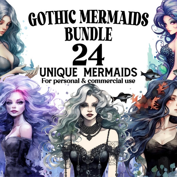 Gothic Mermaid Clipart Bundle - 24 Gothic Mermaids as Watercolor PNGs - Mermaid Clip Art Collection for Decor, Scrapbooking, Invitations