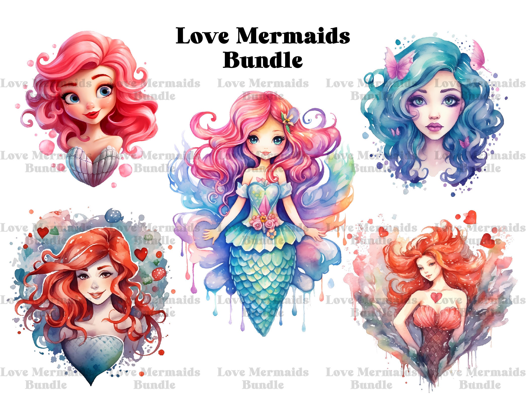 Love Mermaid Clipart Bundle 30 Heart Mermaids as Watercolor Pngs ...