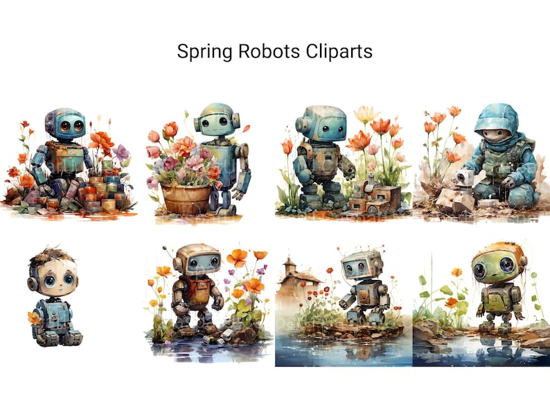 Spring Robots Clipart Bundle 43 Watercolor Pngs Digital Drawings ...