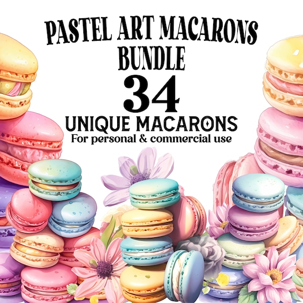 Pastel Art Macarons Bundle - 34 Pastel Art Macarons comme aquarelle PNG - Macaron Clipart Collection pour Decor, Scrapbooking, Invitations