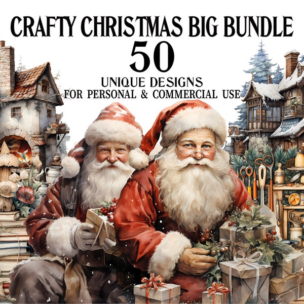 Crafty Christmas Clipart Bundle - 50 Christmas PNGs - Clip Art forDecor, Scrapbook, Invitations - Christmas Tree, Presents, Santa Claus