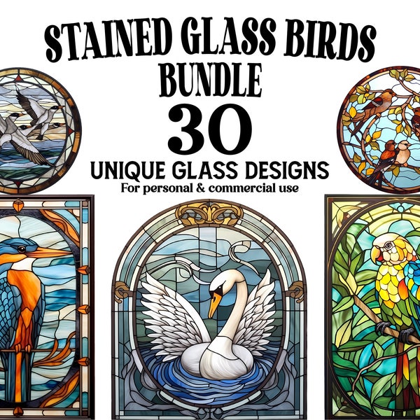 Birds Stained Glass Window Clipart Bundle - 30 Birds Stained Glass Windows PNGs - Perfect for DYI, Decor, Scrapbook or Invitations