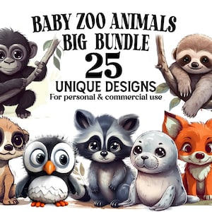 Paquete de imágenes prediseñadas de 25 animales del zoológico para bebés - PNG de animales de dibujos animados lindos - Descarga digital para decoración de guardería, invitaciones de baby shower, envoltura de vaso