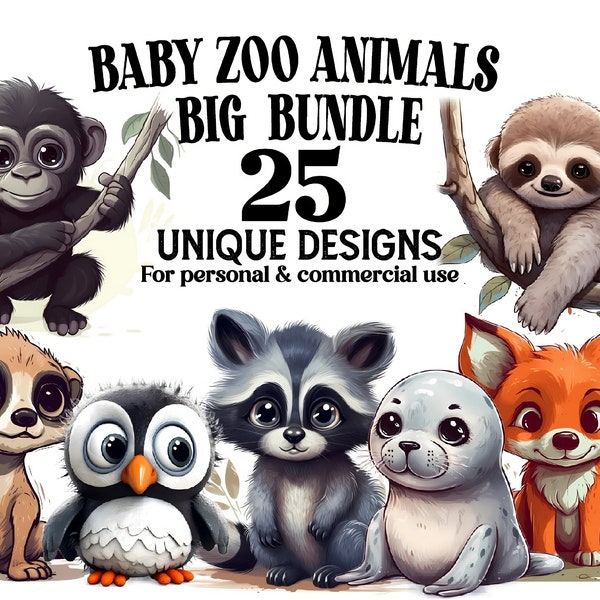 25 Baby-Zootiere-Clipart-Bundle – süße Cartoon-Tier-PNGs – digitaler Download für Kinderzimmerdekoration, Babyparty-Einladungen, Tumbler-Verpackung