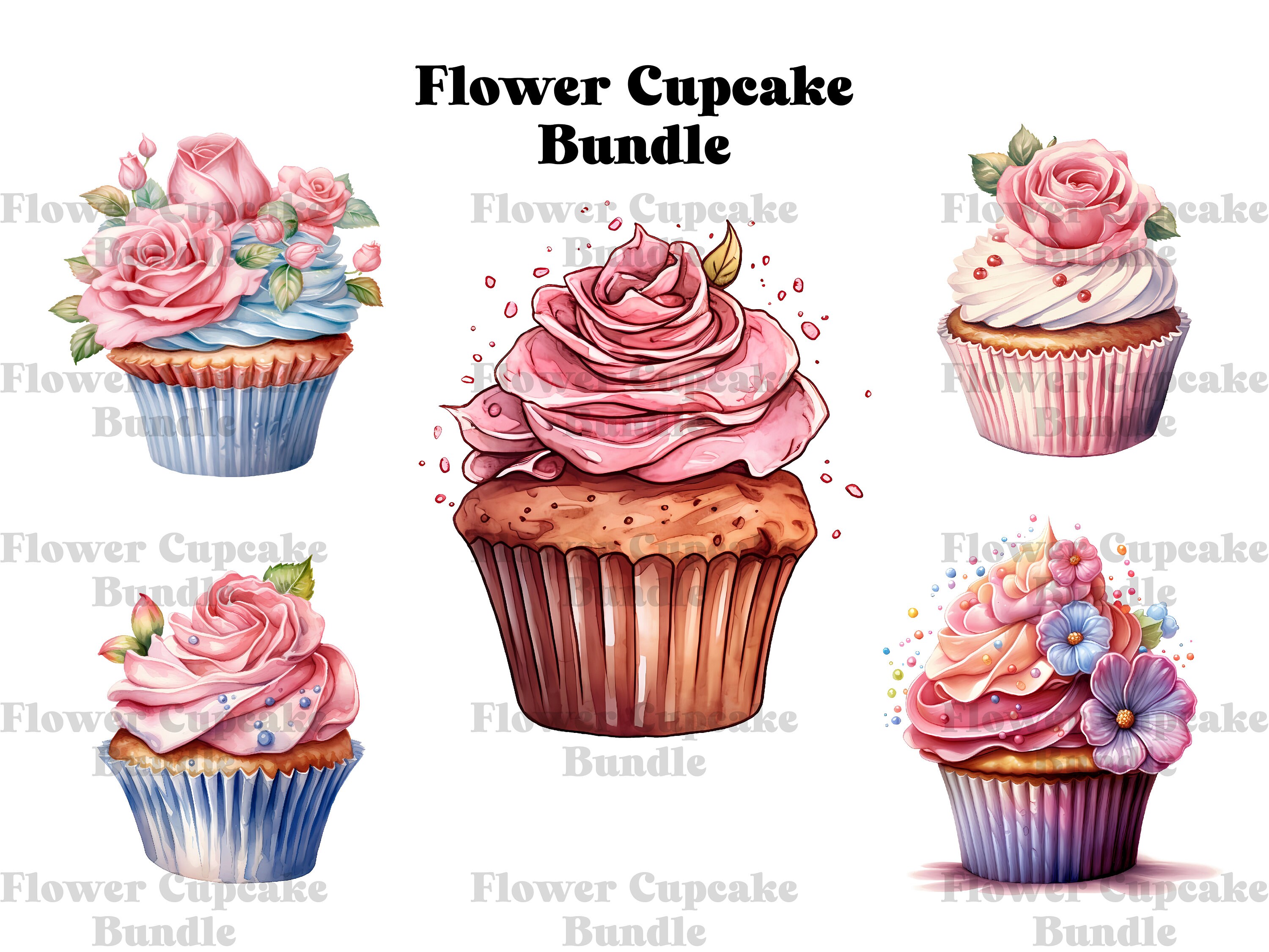 Flower Cupcake Clipart Bundle 31 Flower Cupcakes as Watercolor Pngs ...