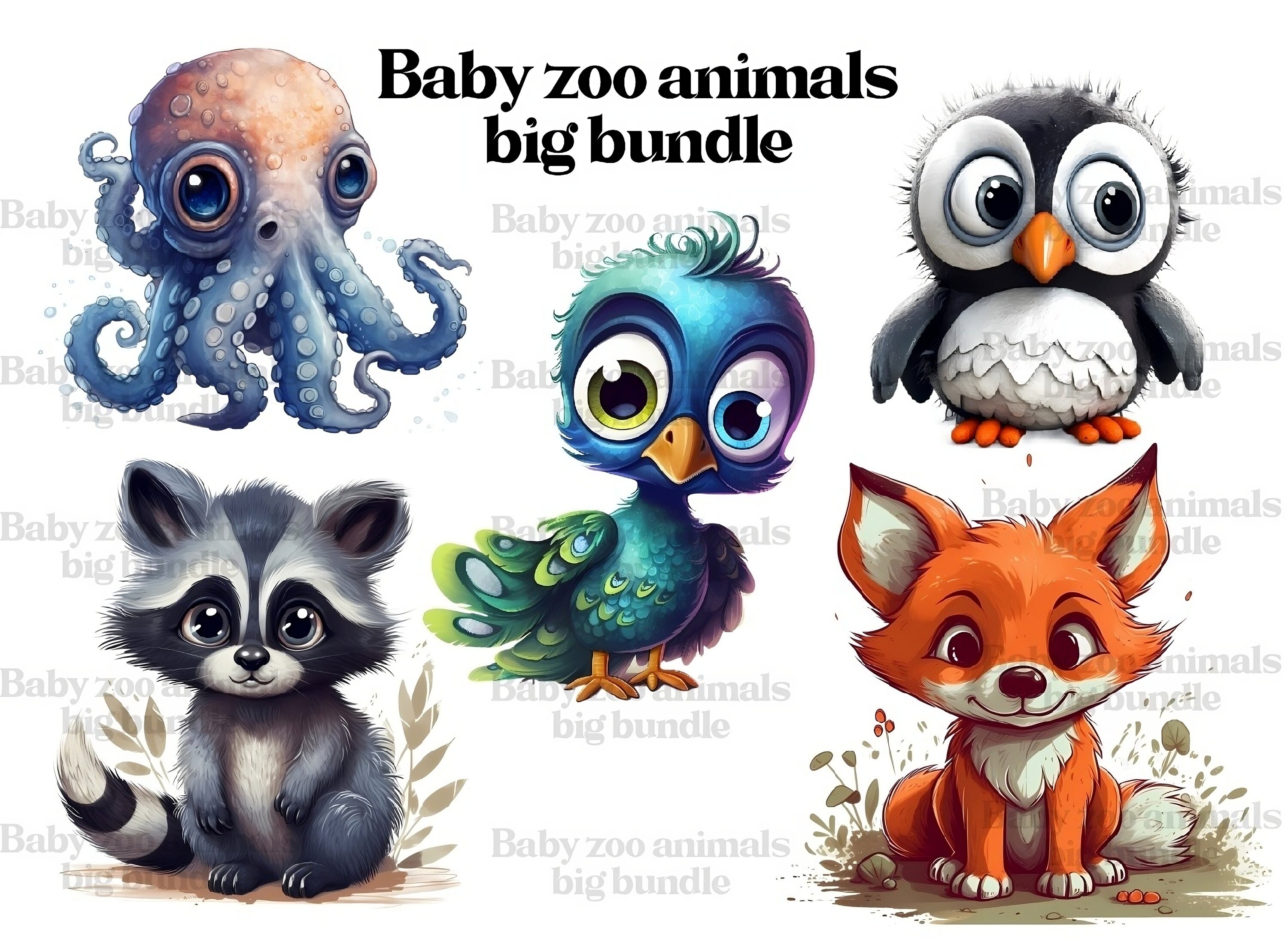 25 Baby Zoo Animals Clipart Bundle Cute Cartoon Animal Pngs Etsy