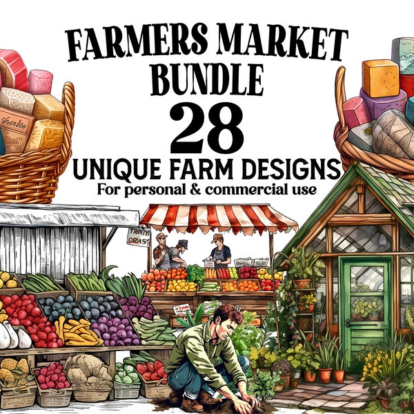 Farmers Market Clipart Bundle - 28 Farm Market PNGs - Digital Download for Farmer Decor, Tumbler Wrap, Junk Journals, DIY Projects