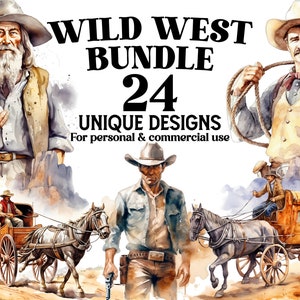 Wild West Clipart Bundle - 24 Watercolor Cowboy PNGs - Digital Download for Cowboys Decor, Baby Shower Invitation, DYI Project, Junk Journal