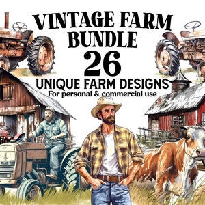 Vintage Farming Clipart Bundle - 26 Vintage Farm PNGs - digitaler Download für Farmer Decor, Tumbler Wrap, Junk Journals, DIY Projekte