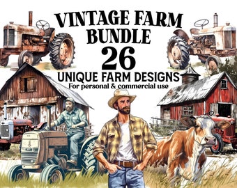 Vintage Farming Clipart Bundle - 26 Vintage Farm PNGs - Digital Download for Farmer Decor, Tumbler Wrap, Junk Journals, DIY Projects