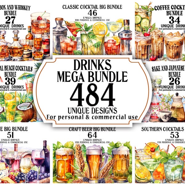 Alcohol Mega Bundle - 484 Alcoholic Drinks as Watercolor PNGs - Ultimate Clip Art Collection for Decor, DIY Scrapbooking, Invitations
