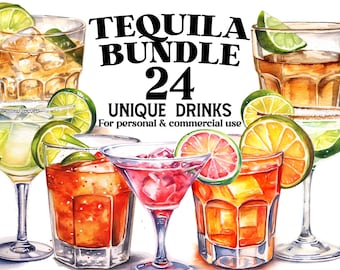 Tequila Clipart Bundle - 24 Tequila als Aquarell PNGs - Clip Art Sammlung für Dekor, Scrapbooking, Einladungen, Geburtstag - Kommerzielle Nutzung