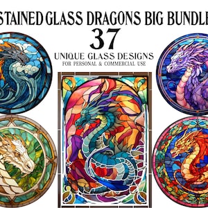 Dragons Stained Glass Window Clipart Bundle - 37 Dragon Stained Glass Windows PNGs - Perfect for DYI, Decor, Scrapbook or Invitations