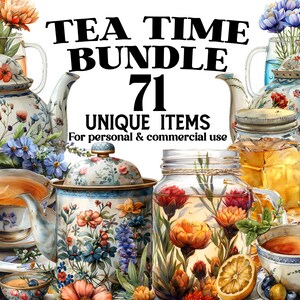 Tea Time Clipart Bundle - 71 Watercolor Hobby and Craft PNGs - Digital Drawings & Illustrations - Nature Prints, Designs And Graphics