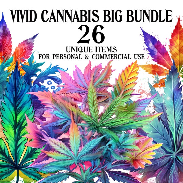 Levendige cannabis clipart bundel-26 aquarel marihuana kunst PNGs-kruid clip art digitale download voor decor, scrapbook, uitnodigingen