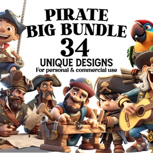 Bundle de cliparts pirate - 34 PNGs pirates - parfait pour une décoration de chambre d'enfant, des invitations pour une baby shower, des papiers d'emballage pour gobelet - numérique